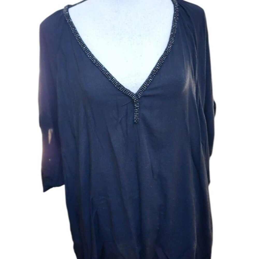 Juicy Couture Black Embellished Neckline Size XL Blouse Tab Sleeve
